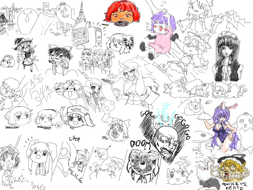 reimu, marisa, anon, alice, patchouli, and 16 more (touhou and 2 more) drawn by danogoat, gay_pants, miyakeko, and thatoneguy